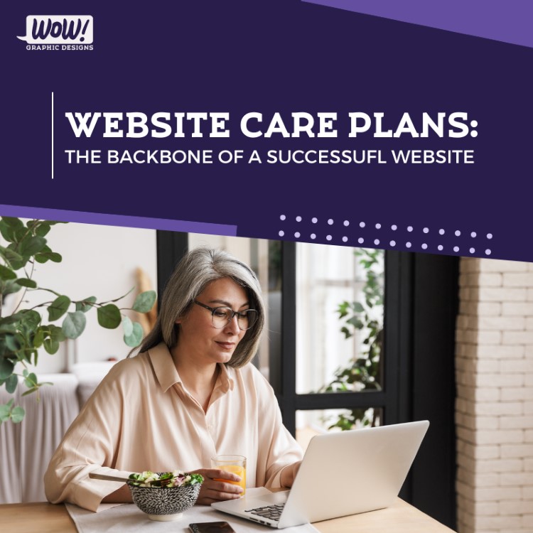 Graphic artwork featuring the title "WEBSITE CARE PLANS", the subtitle "The backbone of a successful website" and an image of an older woman working on her laptop at a table. Also displayed is the WOW! Graphic Designs logo and some additional decoration. The graphic has a dark purple background, lighter purple decoration, with white lettering for the text.
