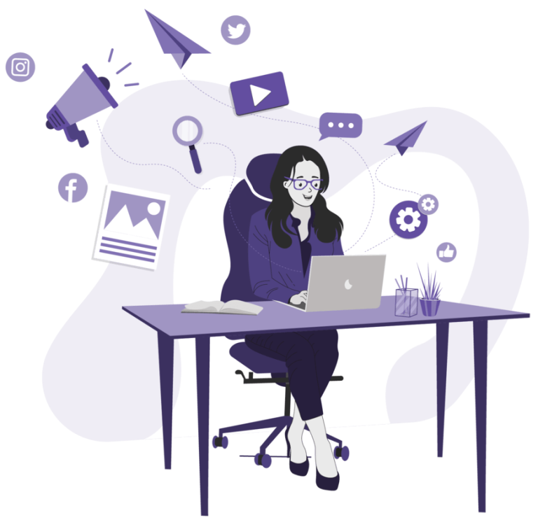 An illustration of a woman entrepreneur at a desk with a laptop. Marketing icons symbolize the world of marketing around her.