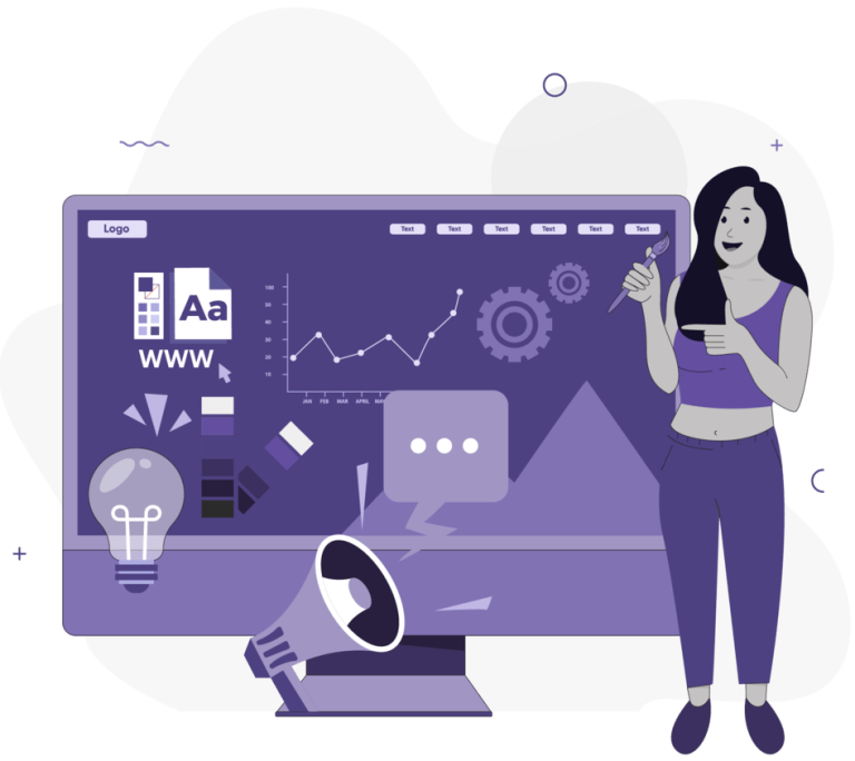 An illustration of a woman entrepreneur next to a computer with marketing and web design icons.